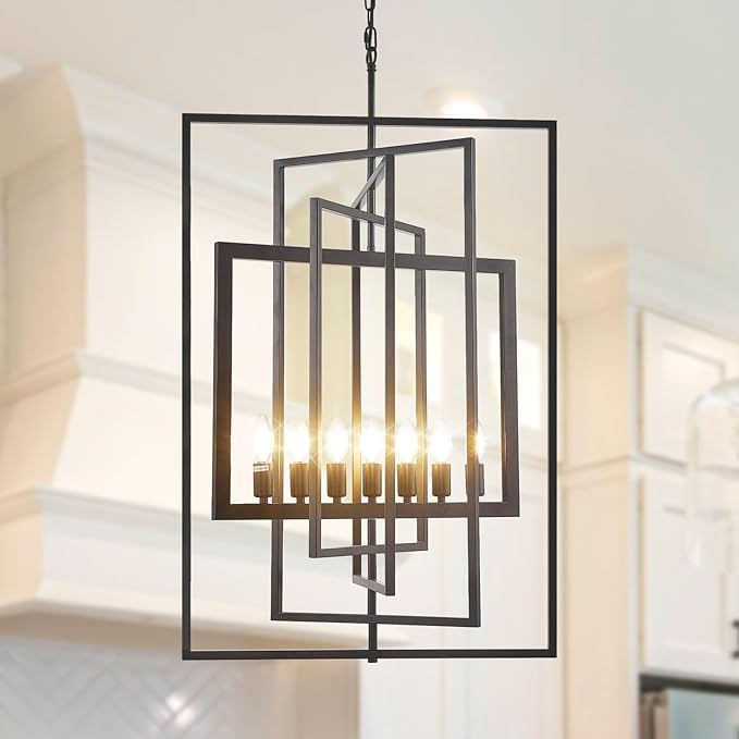 Black Farmhouse Chandelier, 7-Light Lantern Pendant Light Fixtures, Rustic Industrial Foyer Lighting Fixtures, Large Chandeliers for High Ceilings, for Dining Room, Kitchen Island, Staircase, Entryway