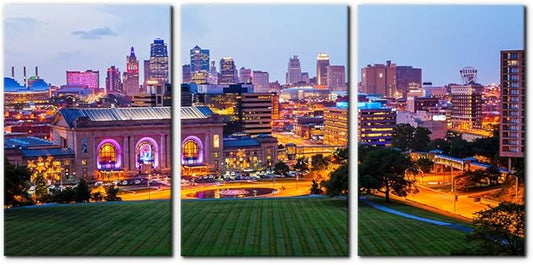Pacimo Canvas Wall Art Union Station City Landscape Pictures Paintings Kansas Cityscape Modern Artwork Prints on Canvas Wall Decor for Living Room Bedroom Framed Ready to Hang - 16"x24"x3 Panels