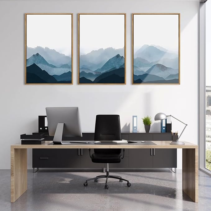 BINCUE Large Blue Mountain Wall Art Fog Blue Ridge Mountains Artwork for Living Room Bedroom Office 24" Lx36 W Set of 3