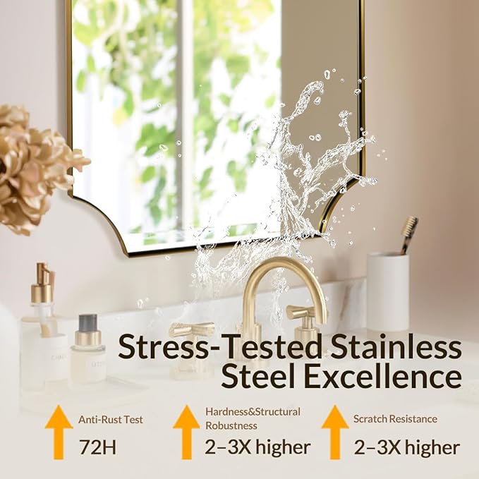 30x40 Inch Gold Scalloped Mirror, Large Bathroom Vanity Mirror with Stainless Steel Metal Frame, Anti-Rust, Shatterproof HD Glass, Unique Irregular Mirror for Bathroom, Bedroom, Living Room