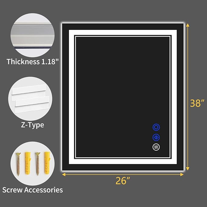 38"x26" LED Bathroom Mirror with Anti-Fog, Stepless Dimmable Lights, 3 Color Modes, Shatter-Proof Tempered Glass, Memory Function & Waterproof Design