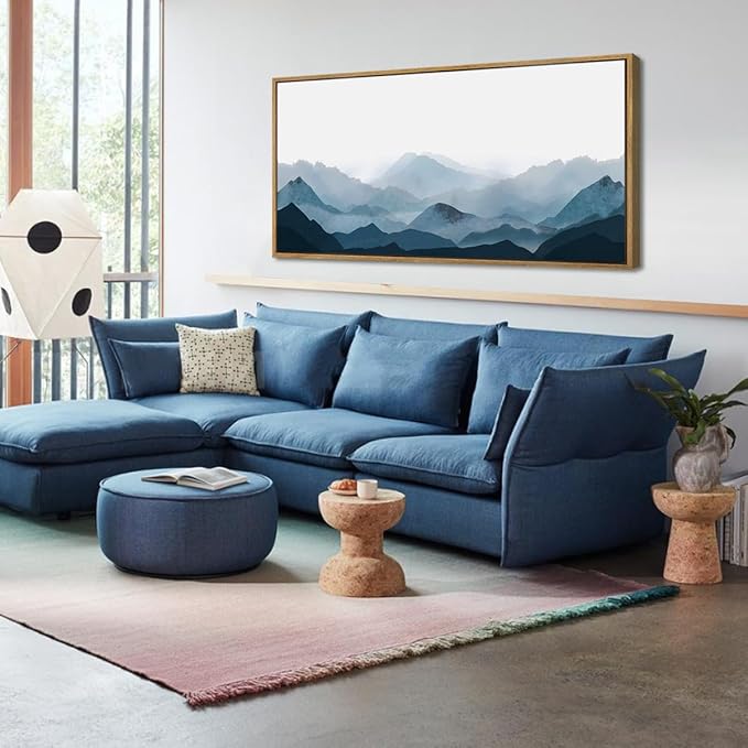 BINCUE Blue Framed Mountain Landscape Wall Art Fog Mountain Painting Wall Decor for Bedroom Living Room Office Decor 40" Lx20 W