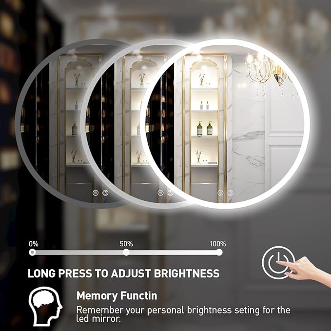 24 Inch Round LED Bathroom Mirror - 6000K Daylight Backlit, Anti-Fog & Dimmable, Frameless Waterproof Mirror with Touch Control, CRI90+, IP54 for Vanity & Makeup