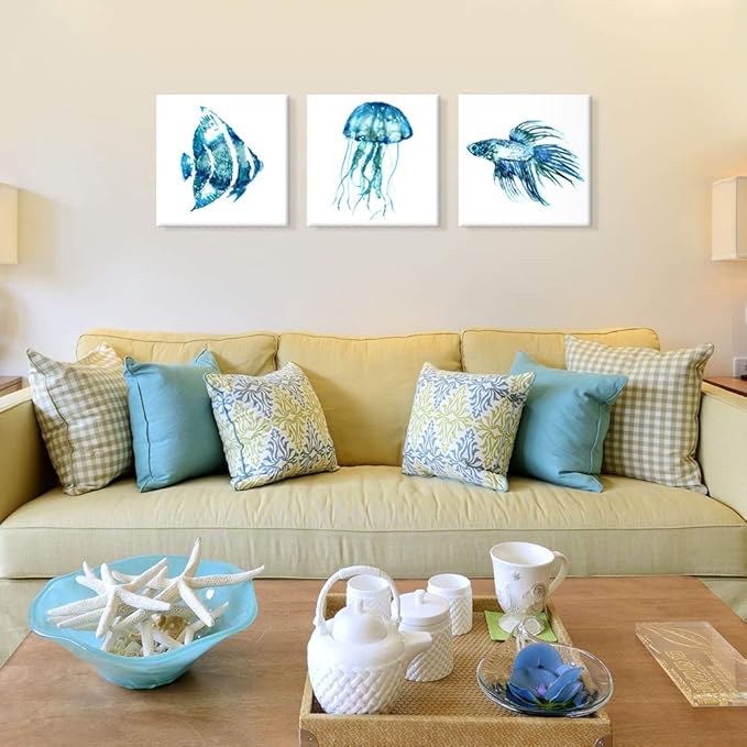 JAPO ART -Ocean Theme Wall Art Sea Animal Blue Jellyfish Tropical Fish Canvas Prints Wall Art 20 x 20 Inch Panel Set of 3 Home Decoration Framed and Stretched Ready to Hang