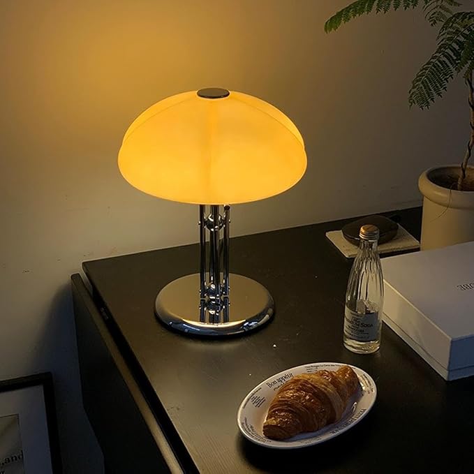 Mushroom Table Lamp with Caramel Lampshade,Art Deco Glass Desk Light with Chrome Base,Dimmable Small Nightstand Lamp,Mid Century Table Light for Living Room Bedroom