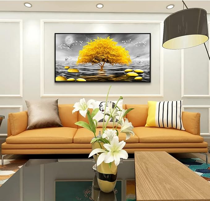 Black and white View Framed Wall Decorations For Living Room large size Canvas Wall Art For Bedroom Office Wall Decor Yellow Tree Painting Canvas Prints Home Decor Black Wood Framed 24" X 48"