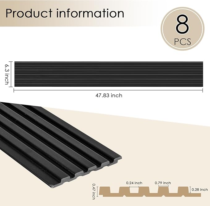 8-Pack 3D Slat Wall Panels — Soundproof Faux Wood Wall Panels for Interior Décor, 48.2" x 6.3", Modern Wall Cladding for Living Room, Bedroom, Office — Black Finish