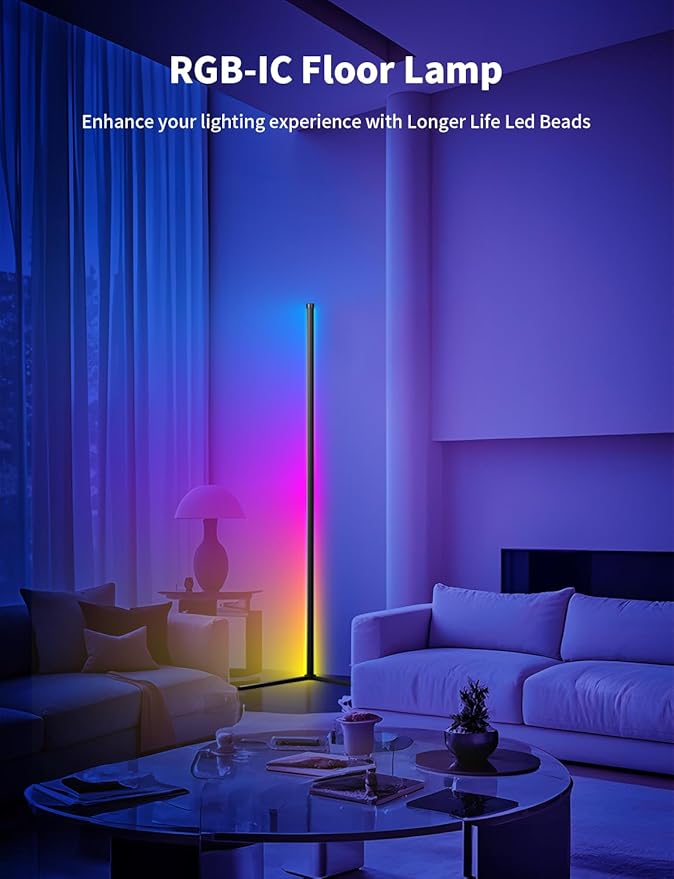 LED RGB Corner Floor Lamp, 159cm RGB-IC Smart Led Light Bar for Living Room, 16 Million Colors, Music Sync and Dimmer Corner Lighting