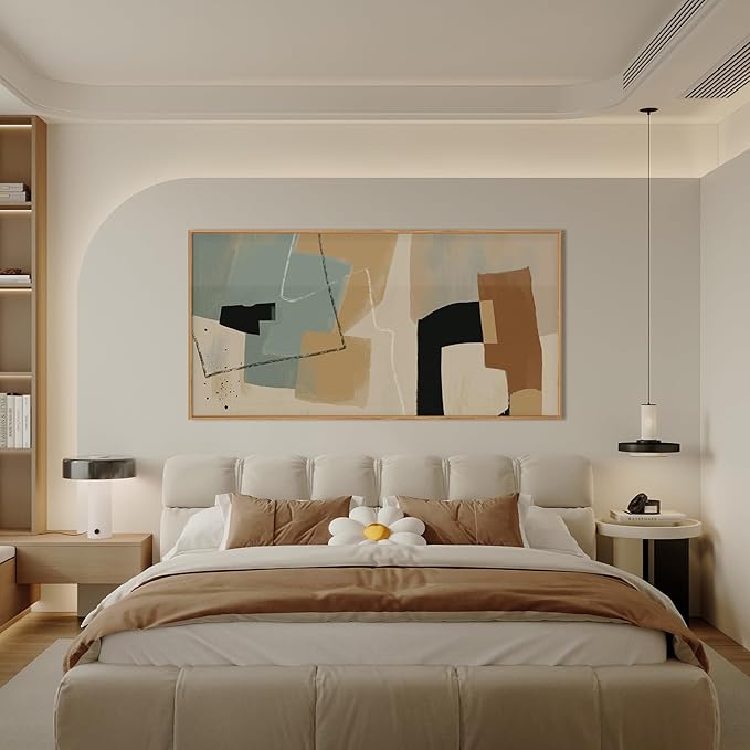 Abstract Neutral Framed Canvas Wall Art Set,Modern Color Block Geometric Wall Decor,Beige Minimalist Line Shape Artwork for Living Room,Bedroom-20 x40