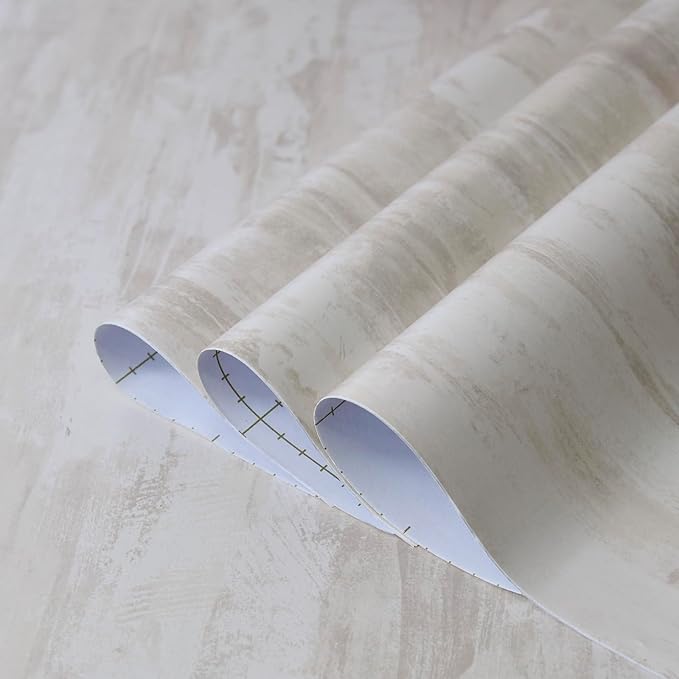 31.5x315in Extra Wide Cream Concrete Wallpaper Peel Stick Milky White Plaster Effect Contact Paper Air Guide Slot Design Matte Thick Self-Adhesive Waterproof Vinyl Wrap Industrial Style Wall Sticker