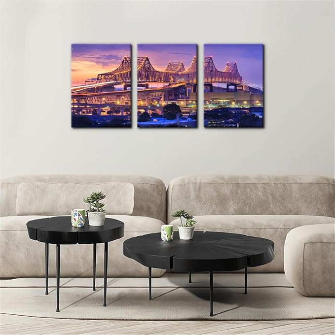 Pacimo Canvas Print Wall Art Set New Orleans Cityscape Modern Walls Decoration for Living Room Bedroom Office Crescent City Connection Bridge Pictures Painting Framed Ready to Hang - 12"x16"x3 Panels