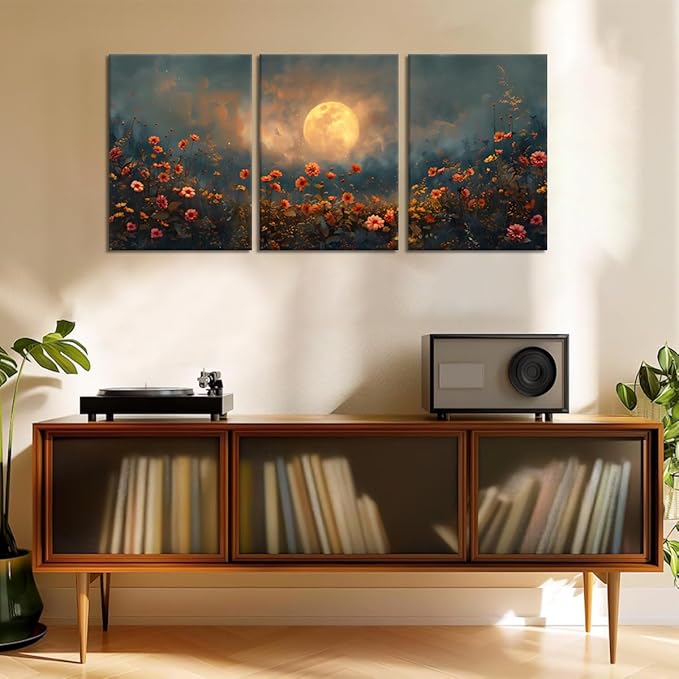 3 pcs Full Moon Floral Canvas Wall Art Moonlit Pine Tree and Wildflowers Woodland Nature Landscape Picture Wall Decor Poster Print Artwork for Bedroom Living Room Home Decoration-12 x16 x3pcs