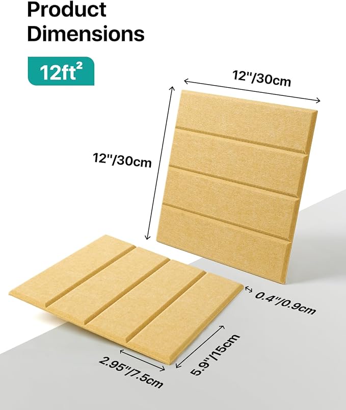 12 Pack Sound Proof Foam Panels for Walls, Self-Adhesive Acoustic Panels Sound Absorbing, 12" X 12" X 0.4" High Density Soundproof Wall Panels Tiles for Door, Ceiling, Home Office