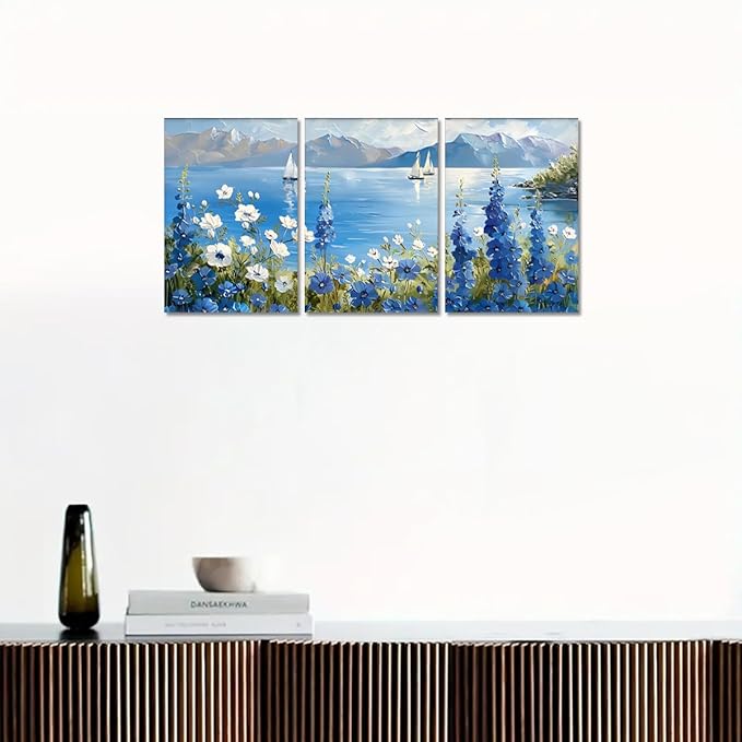 MAMAGO 3 Pieces Coastal Canvas Wall Decor Vintage Oil Painting Blue and White Floral Print Picture Natural Sea Scenery Painting for Farmhouse Bathroom Wall Art Framed Ready to Hang-12”x16”x3pcs