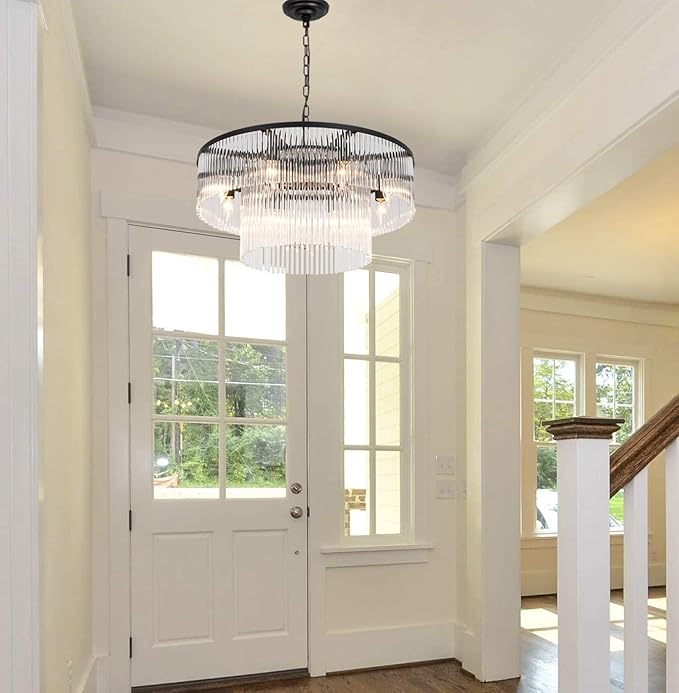 Black Modern Chandelier, 2-Tier Crystal Glass, 8-Light Round Dining Room Chandelier, Contemporary Pendant Ceiling Light for Bedroom Foyer Entryway, 23.6''