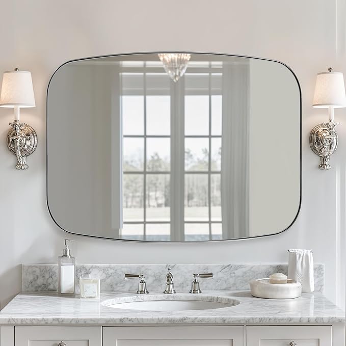 ANDY STAR 30x40 Chrome Bathroom Mirror, Oblong Silver Mirror with Stainless Steel Metal Frame, Oval Vanity Mirror for Over Sink, Modern Anti Rust Wall Mounted