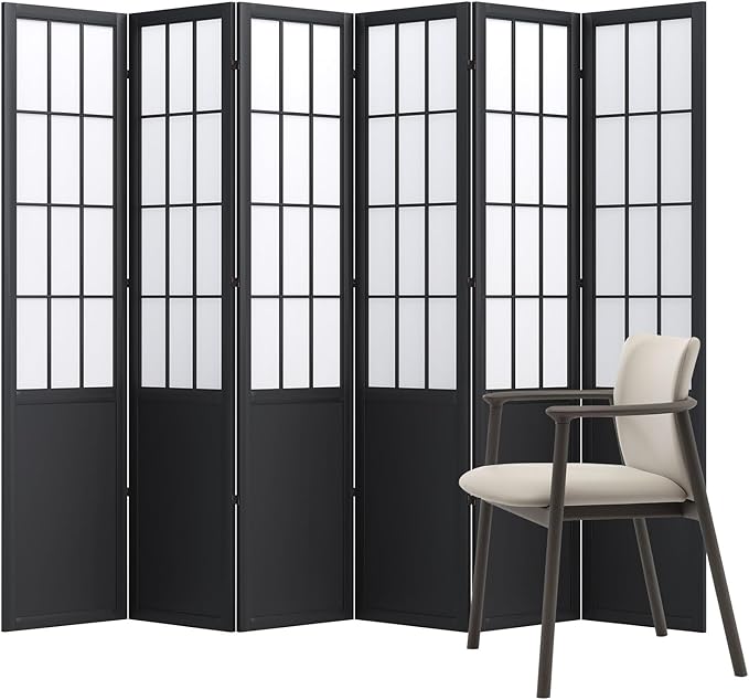 5.6FT Room Divider and Folding Portable Partition Screen, Chinese Japanese Shoji Style for Room Separation - 6 Panel (Black)
