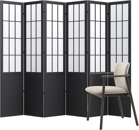 5.6FT Room Divider and Folding Portable Partition Screen, Chinese Japanese Shoji Style for Room Separation - 6 Panel (Black)