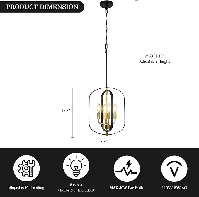 4-Light Black and Gold Chandeliers Modern Farmhouse Pendant Lights Kitchen Island Adjustable Height Small Entryway Chandelier for Dining Room Living Room Bedroom Foyer E12 Base