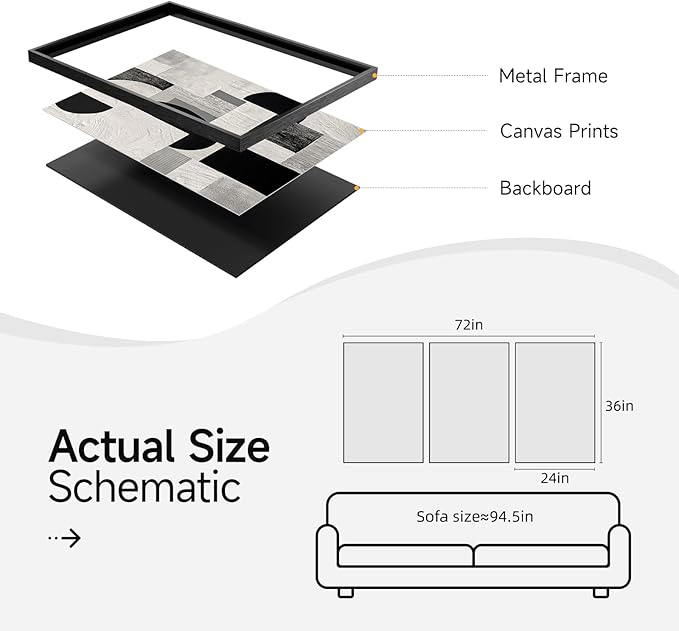 Large Framed Black and White Abstract Wall Art for Living Room, 3 Piece Modern Canvas Prints Paintings Artwork for Walls, Minimalist Geometric Pictures for Entryway Hallway Office Wall Decor 24x36 In