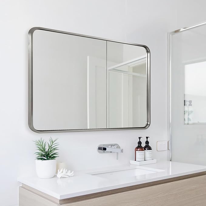 ANDY STAR Brushed Nickel Bathroom Mirror, 40”X30” Satin Nickel Mirror for Vanity, Rounded Rectangle Mirrors in SUS304 Anti-Rust Tube Metal Frame, Wall Mounted Horizontal/Vertical 1’’ Deep