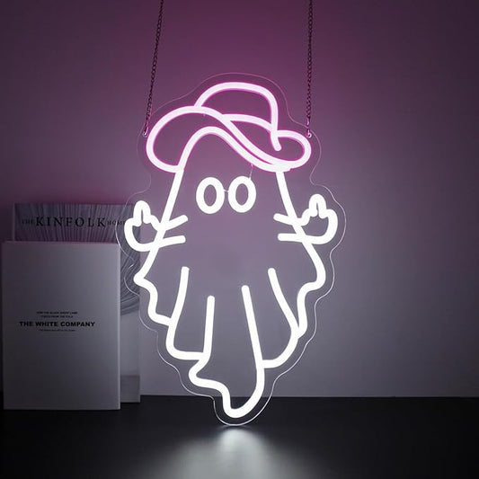 Cowboy Ghost Neon Sign, Neon Signs for Wall Decor Neon White Pink LED Signs Room Neon Light Up Signs Home Decor for Bedroom Club Party Bar Shop USB Operated