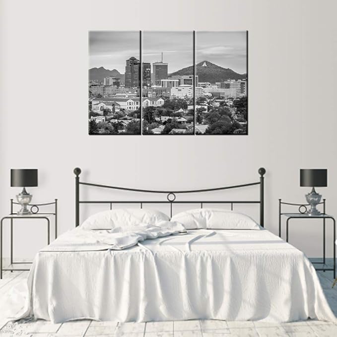 3 Pieces Canvas Wall Art Black and White Tucson, Arizona, USA Downtown Skyline with Sentinel Peak at Dusk Modern Home Decor Stretched and Framed Ready to Hang - 14 x 28 inch x 3 Panels