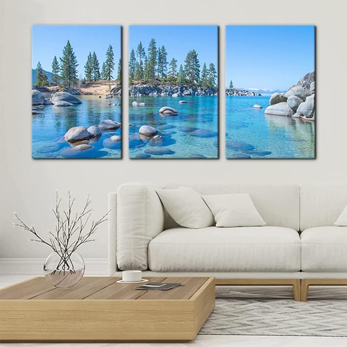 Pacimo Canvas Print Wall Art Set Vibrant Forest & Rocky Lake Landscape Nature Wilderness Photography Realism Rustic Scenic Modern Artwork Decor Stretch Framed Ready to Hang - 16 x 24 inch x 3
