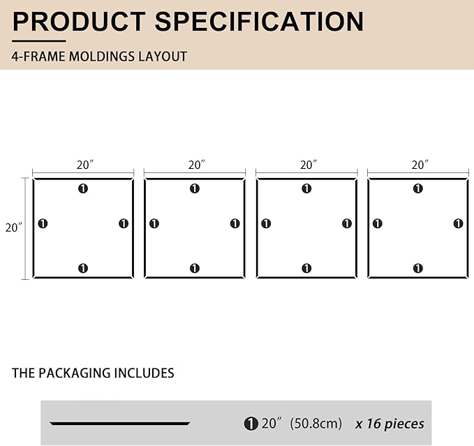 4 Set of 20" x 20" Pre-Cut Accent Wall Molding Trim Kit, Peel and Stick Premade Wainscoting Panels for Interior Decoration, Ready to Assemble Chair Rail Moulding