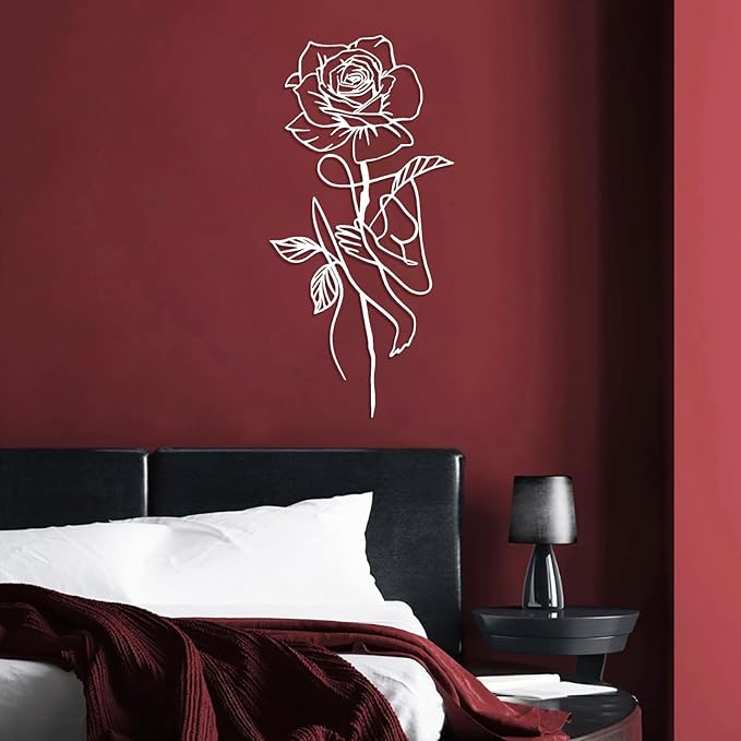 Metal Rose Wall Decor, Abstract Woman Metal Wall Art, Metal Minimalist Wall Art, Metal Line Art Wall Decor, Rose Wall Art, Floral Wall Art, Female Body Wall Art for Bathroom, Bedroom (Black, 35"x17"/90x43cm)