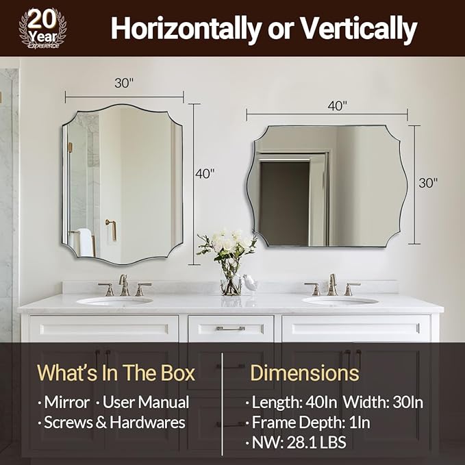 ANDY STAR Chrome Bathroom Mirror, 30x40 Inch Large Polished Chrome Mirror, Rectangle Mirror for Bathroom with Unique Wavy Design Ideal for Home Decor, Rust-Proof Stainless Steel 1” Frame