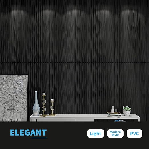Art3d 46.2 SF Large 3D Wall Panels for Interior Décor, PVC Textured Wavy Wall Panels for Living Room, Bedroom and Office, Pack of 6 (47.2"×23.6"), Black