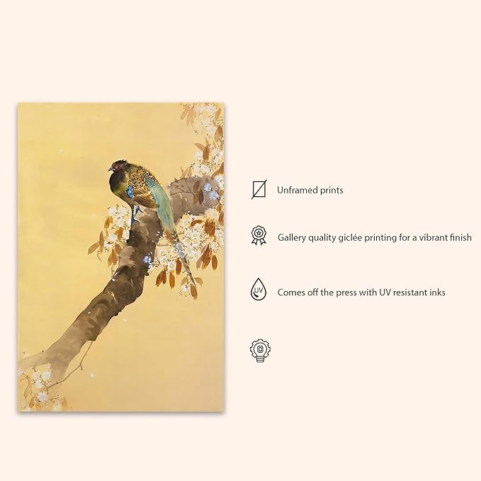 OZCONO Japanese Birds and Pine Trees Wall Art Print, Pink Sky Nature Scene, Gallery Quality Giclée Print, UV-Resistant Inks (40L x 27W)
