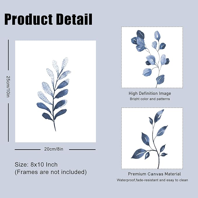 Navy Blue Botanical Wall Art Set of 6 Unframed, Minimalist Abstract Botanical Prints Watercolor Blue White Leaf Plant Wall Decor Canvas Painting, Boho Floral Botanical Wall Decor for Bathroom, Living Room