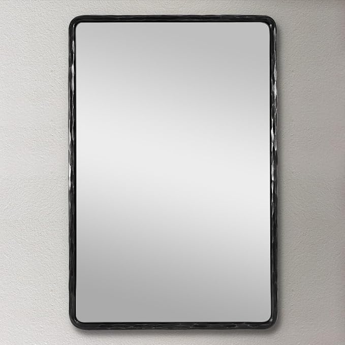 ANDY STAR Hand-Forged Black Bathroom Mirrors for Wall, 24x36 Inch Vintage Solid Steel Metal Frame Bathroom Vanity Mirror, Antique Rounded Rectangle Wall Mirror, Hangs Horizontally or Vertically