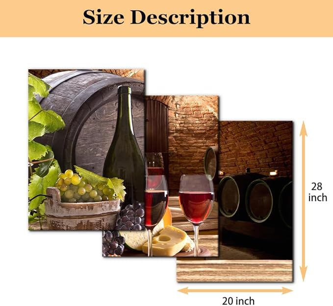 Kitchen Wall Art Red Wine Cellar Pictures Wooden Barrel and Fruit Grape Painting for Living Room 3 Panel Canvas Artwork House Modern Decor Giclee Posters Prints Framed Ready to Hang - 20"x28"x3