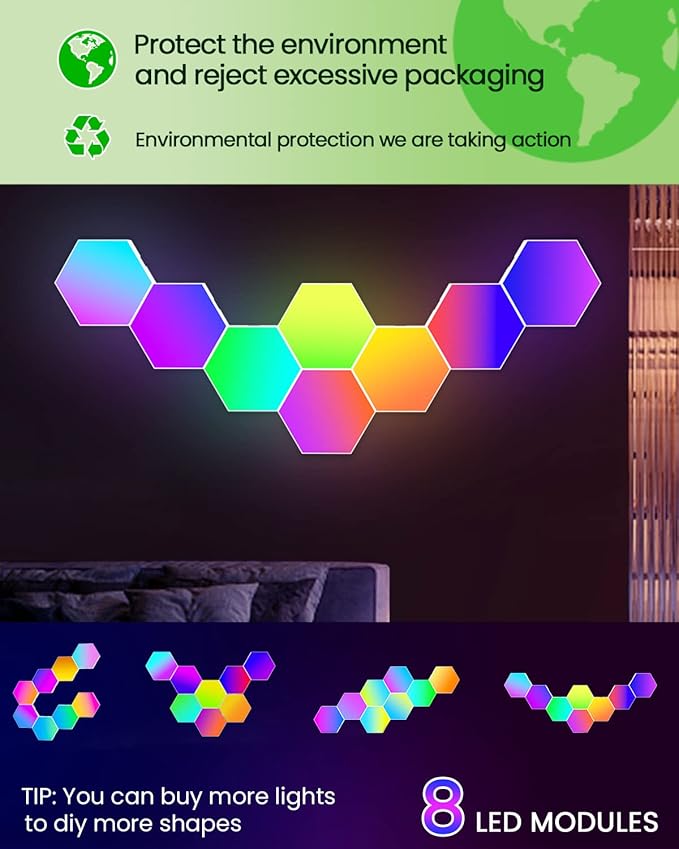 8 Pack Hexagon Led Lights Wall Panels: RGB Gaming Lights with APP Smart Modular Panel Hex Tiles Push Glide Expansion Shapes Lights