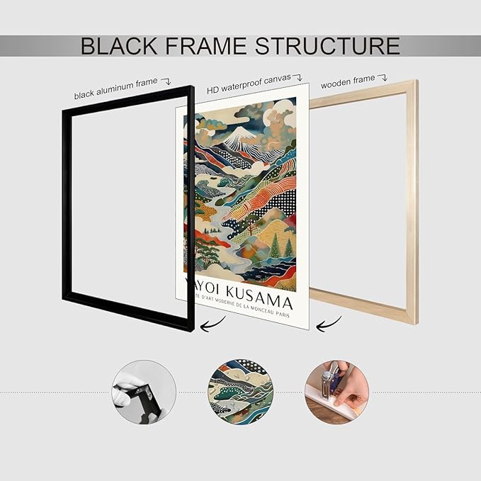 Japanese Canvas Wall Art Ya.yoi Kus.ama Mount Fuji Posters Asian Landscape Pictures Prints Modern Nature Mountain Artwork for Bathroom Living Room Bedroom Office Home Decor 16x24 inch Black Framed