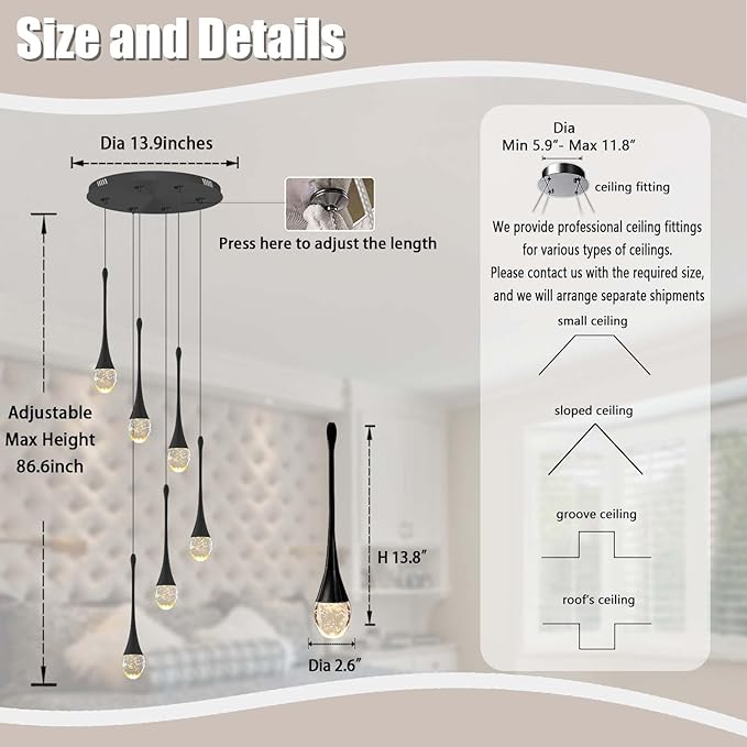 6-Lights Black Dinning Room Crystal Chandeliers Bubble Raindrop Big Crystal Penant Chandeliers Living Room Dimmable 2700-6000k LED Loft Ceiling Lighting Fixture…