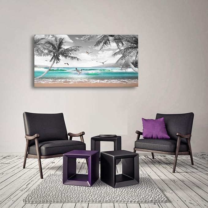 Beach Palm Pictures Canvas Wall Art For Living Room Bedroom Wall Decor,Sea Wave Wall Art Print Paitnings For Home Decor,Morden Artwork Coconut Tree Canvas Art Ready To Hang-28x57 Inches