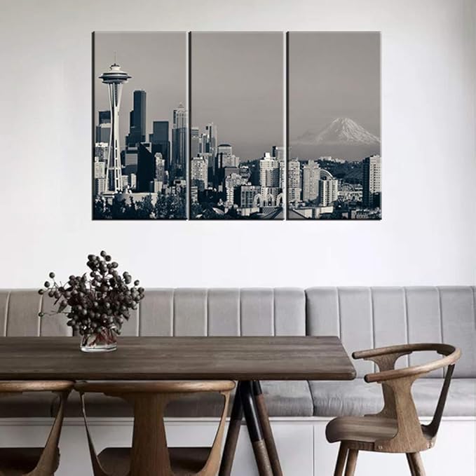 3 Piece Black and White Canvas Wall Art City Seattle Skyline Wall Pictures for Living Room Modern Washington Cityscape Art Wall Decor Stretched and Framed Ready to Hang - 24'' x 12'' x 3 Panels
