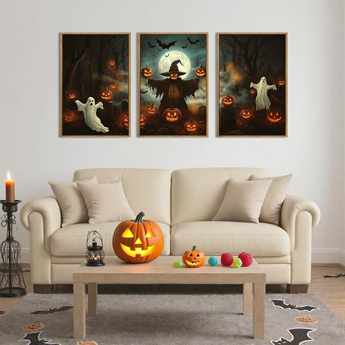 Anyzal Halloween Ghost Wall Art Spooky Pumpkin Wall Decor Dark Forest Artwork for Living Room Bedroom Dining Room16x24 Inch Set of 3