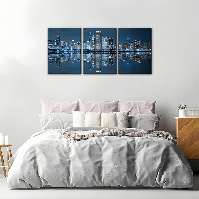 Pacimo Chicago Cityscape Modern Canvas Wall Art Prints Artwork Skyscrapers at Night View Paintings City Skyline Pictures Painting for Home Decorations Decor Framed Ready to Hang - 20"x28"x3 Panels