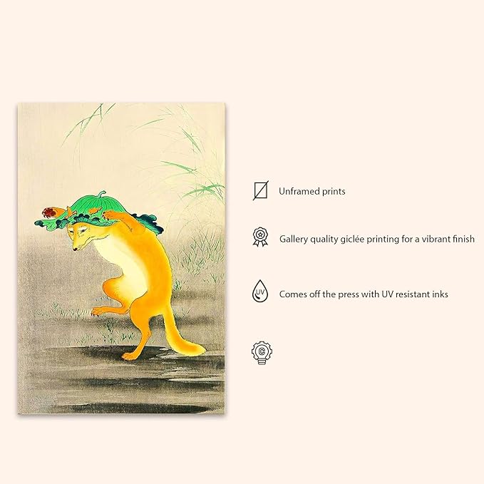 OZCONO Japanese Fox Wall Art Print, Vintage Kitsune Painting, Unframed Gallery Quality Giclée Print, UV Resistant (18L x 12W)