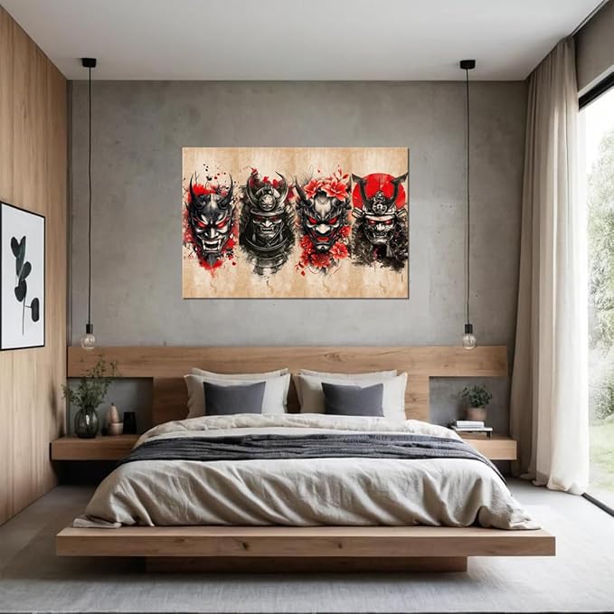 Japanese Samurai Wall Decor Bushido Wall Art Red and Black Canvas Pictures for Japan Theme Restaurant Tavern Hotels Bedroom Living Room Office Bathroom Asian Artwork Prints Framed