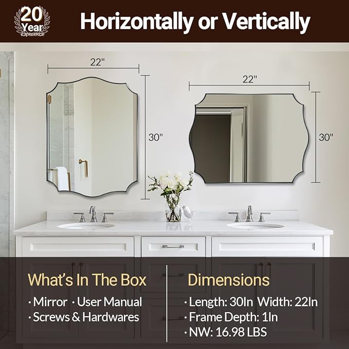 ANDY STAR Chrome Bathroom Mirror for Wall, 22x30 Inch Polished Silver Mirror, Bathroom Mirror for Over Sink, Irregular Wall Mirror in Thin Stainless Steel Frame Deep 1’’, Ideal for Limited Space