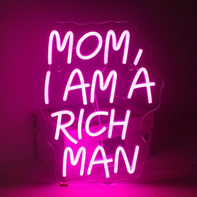 Lucunstar Mom I Am A Rich Man Neon Sign Pink Neon Signs for Wall Decor Pink LED Light for Bedroom Decor USB Connectivity Led Neon Signs for Home Boys Room Man Cave Gifts for Teens
