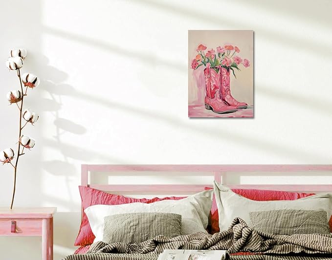 Julaydi Floral Cowgirl Boots Wall Art Pink Cowboy Boots with Flower Painting Western Aesthetic Canvas Prints Poster Trendy Preppy Girls Room Decor Picture for Living Room Bedroom Dorm 16x24in Framed