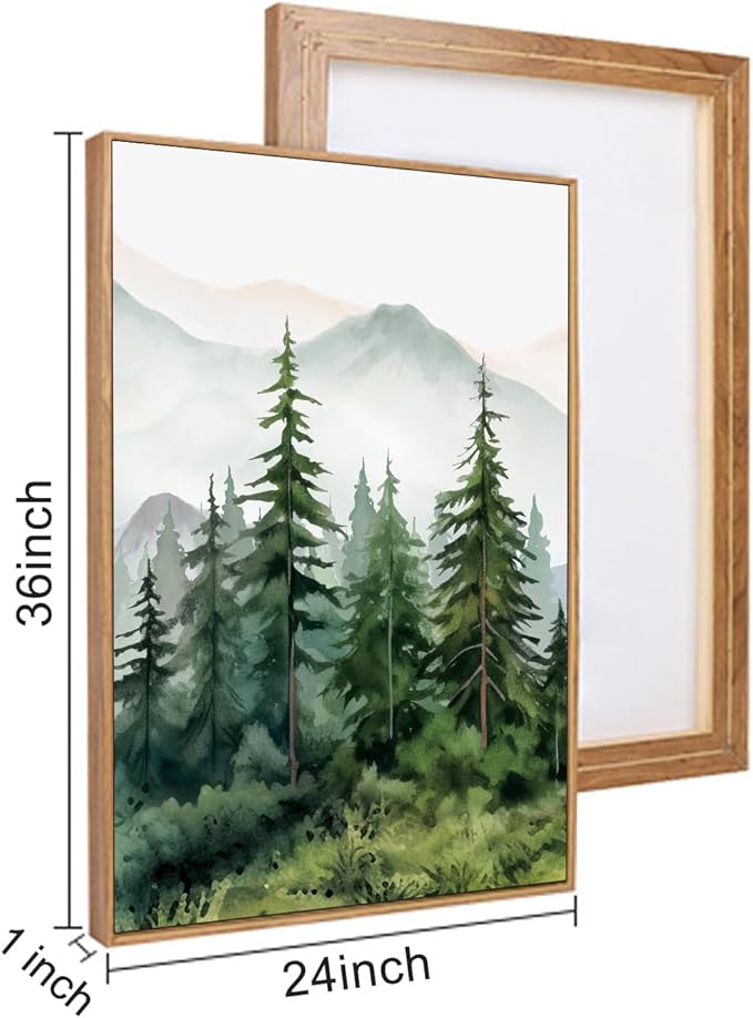 Ausril Watercolor Mountain Range Framed Canvas Wall Art Set, Green Forest Tree Wall Decor, Woodland Nursery Wall Painting, Modern Wilderness Art Print for Living Room, Bedroom, Office 24"x36"x3