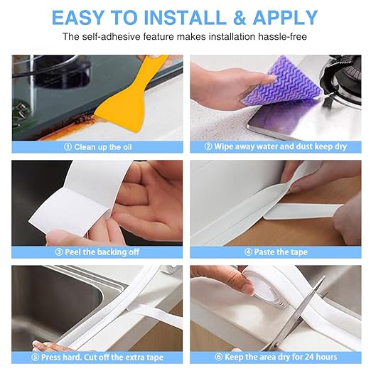 2 Rolls Caulk Tape Self Adhesive, Bathroom Waterproof White Caulking Sealant Strip Peel & Stick Wallpaper Floor Tile Toilet Tub Sink Backsplash Kitchen Wall Decor, Easier to Use Than Silicone Caulk